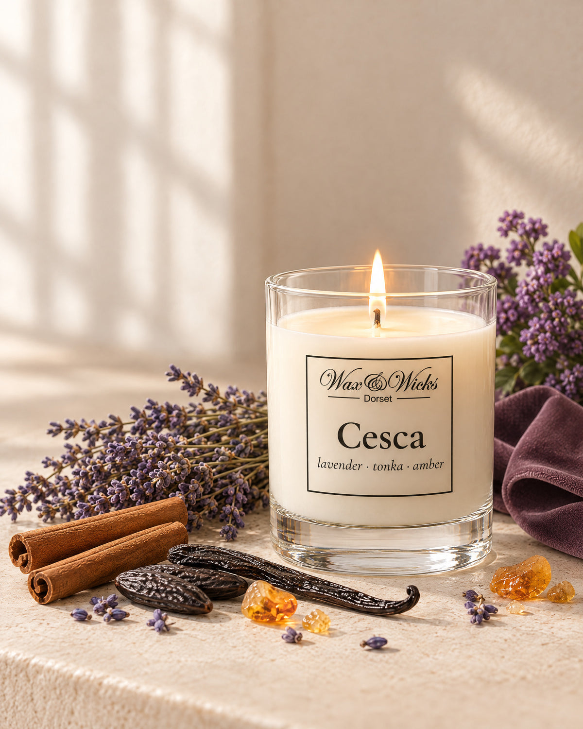 Small Cesca candle, one wick, in a clear glass jar, styled with dried lavender, tonka beans, cinnamon sticks, a vanilla pod and amber resin