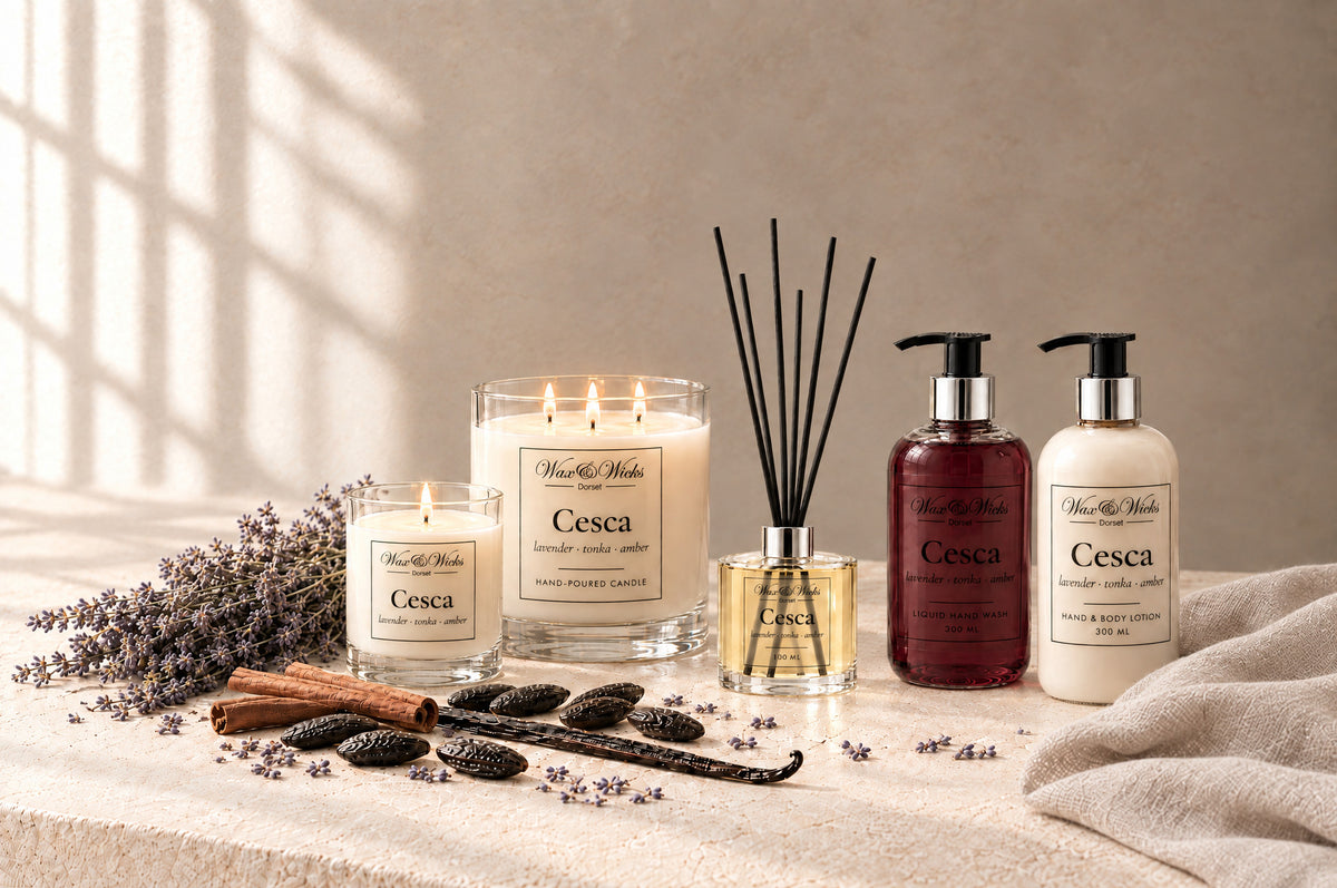 Cesca small and large candles, reed diffuser, hand wash and hand & body lotion together, styled with dried lavender, tonka beans, cinnamon sticks, a vanilla pod and amber resin
