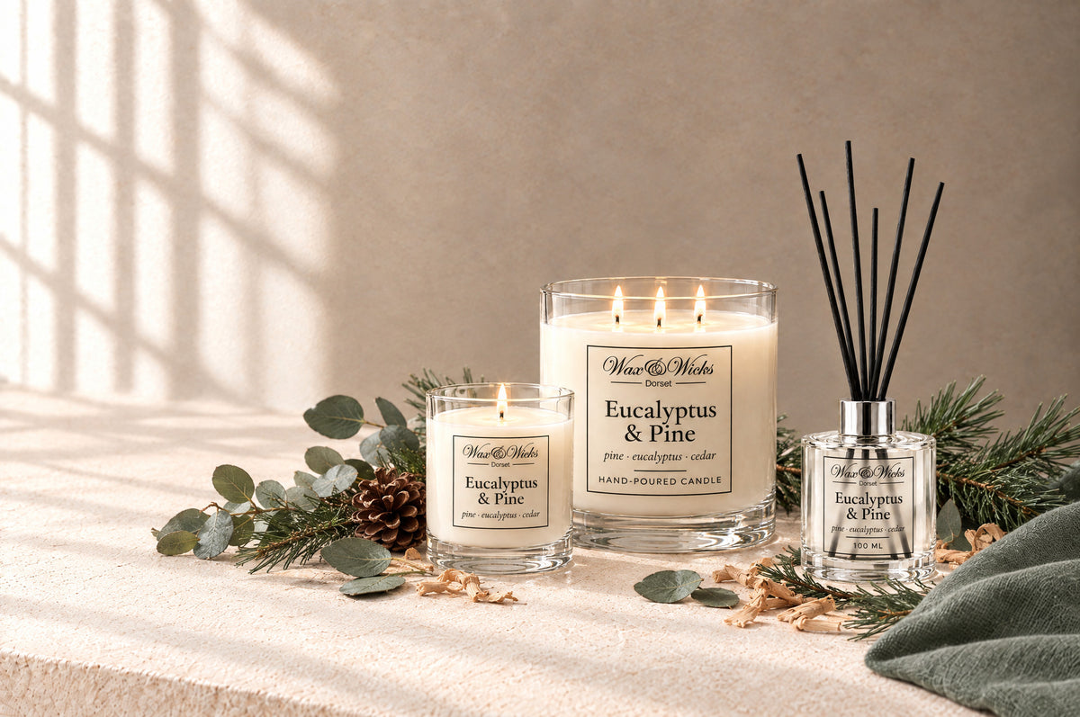 Eucalyptus & Pine candles and home fragrance together, styled with eucalyptus stems, pine sprigs, a pine cone and cedar shavings