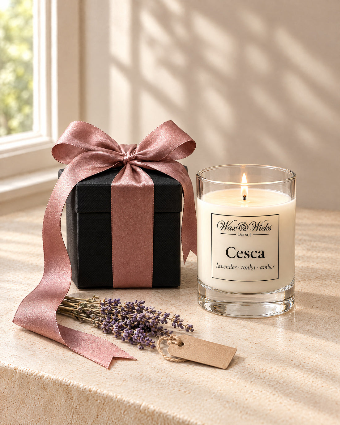 Small gift box with ribbon and bow beside a lit small Cesca candle on a sunny windowsill