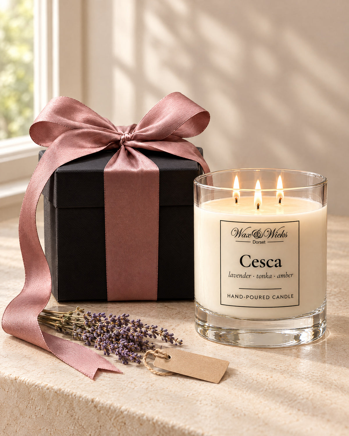 Large gift box with ribbon and bow beside a lit large Cesca candle, with dried lavender and a gift tag on a stone ledge