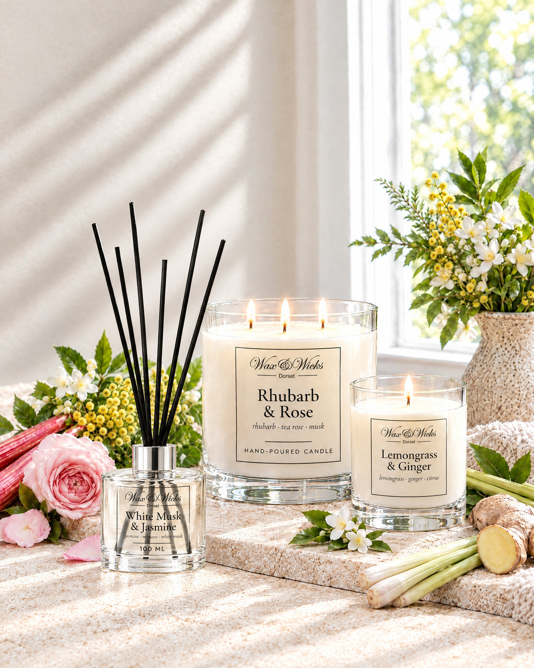 A White Musk & Jasmine reed diffuser, a large Rhubarb & Rose candle and a small Lemongrass & Ginger candle, lit, with rhubarb, a pink rose, a jug of jasmine and mimosa, lemongrass and ginger in clear morning light
