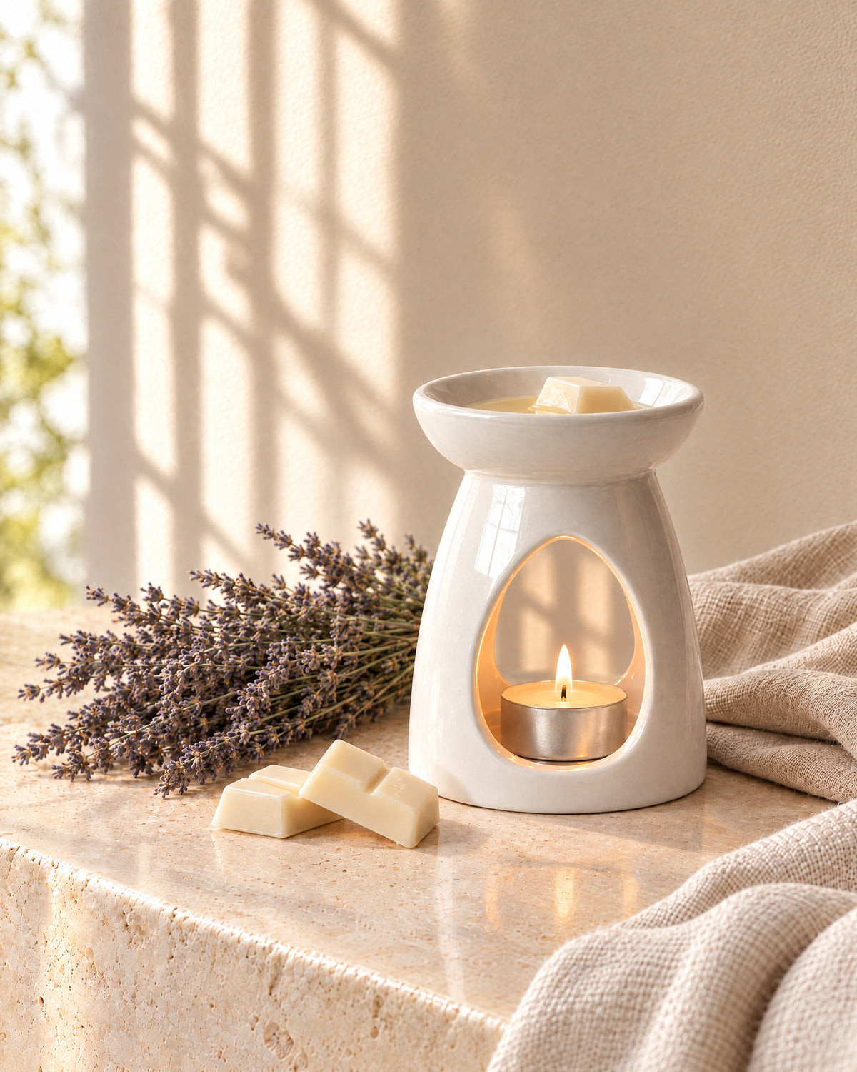 White ceramic wax melt burner with a lit tea-light and melting wax, beside wax melt segments, dried lavender and linen on a stone ledge
