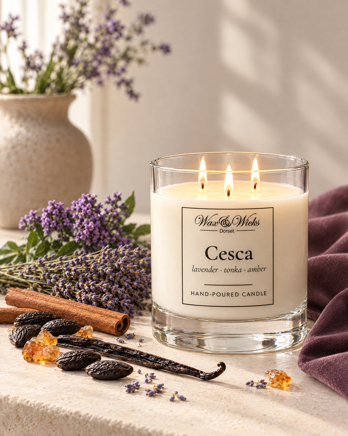 Large Cesca candle, three wicks, in a clear glass jar, styled with dried lavender, tonka beans, cinnamon sticks, a vanilla pod and amber resin