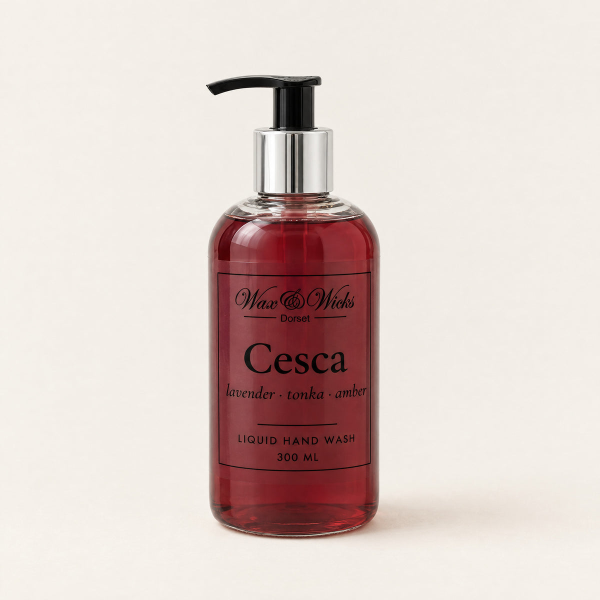 Cesca liquid hand wash, 300 ml pump bottle, on a plain ivory background