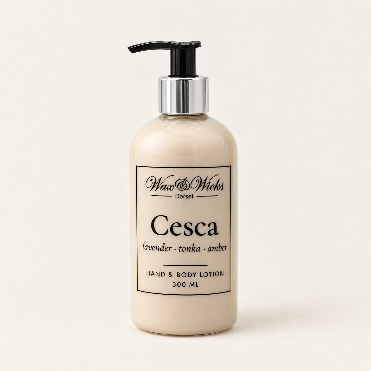 Cesca hand & body lotion, 300 ml pump bottle, on a plain ivory background