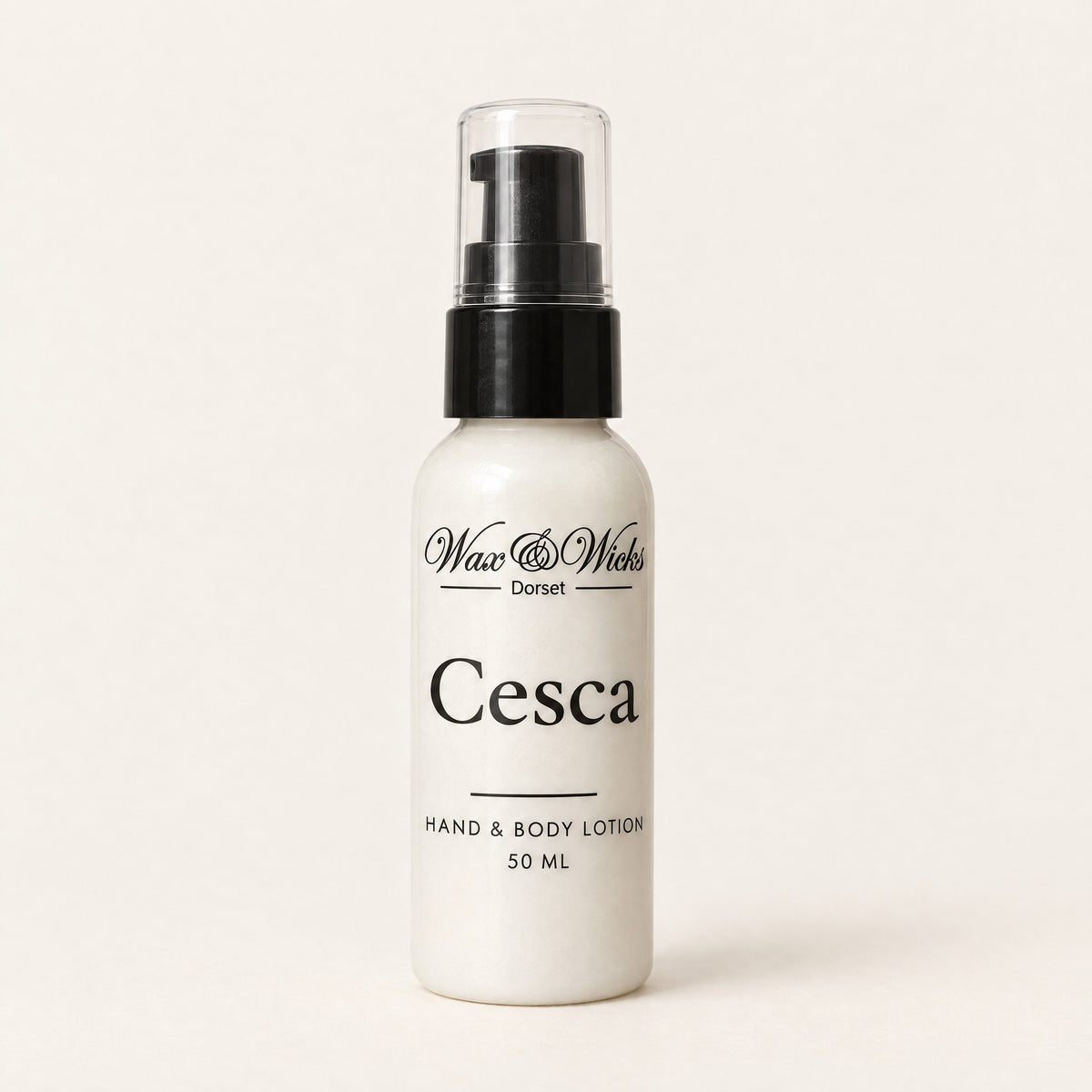 Cesca hand & body lotion, 50 ml bottle, on a plain ivory background
