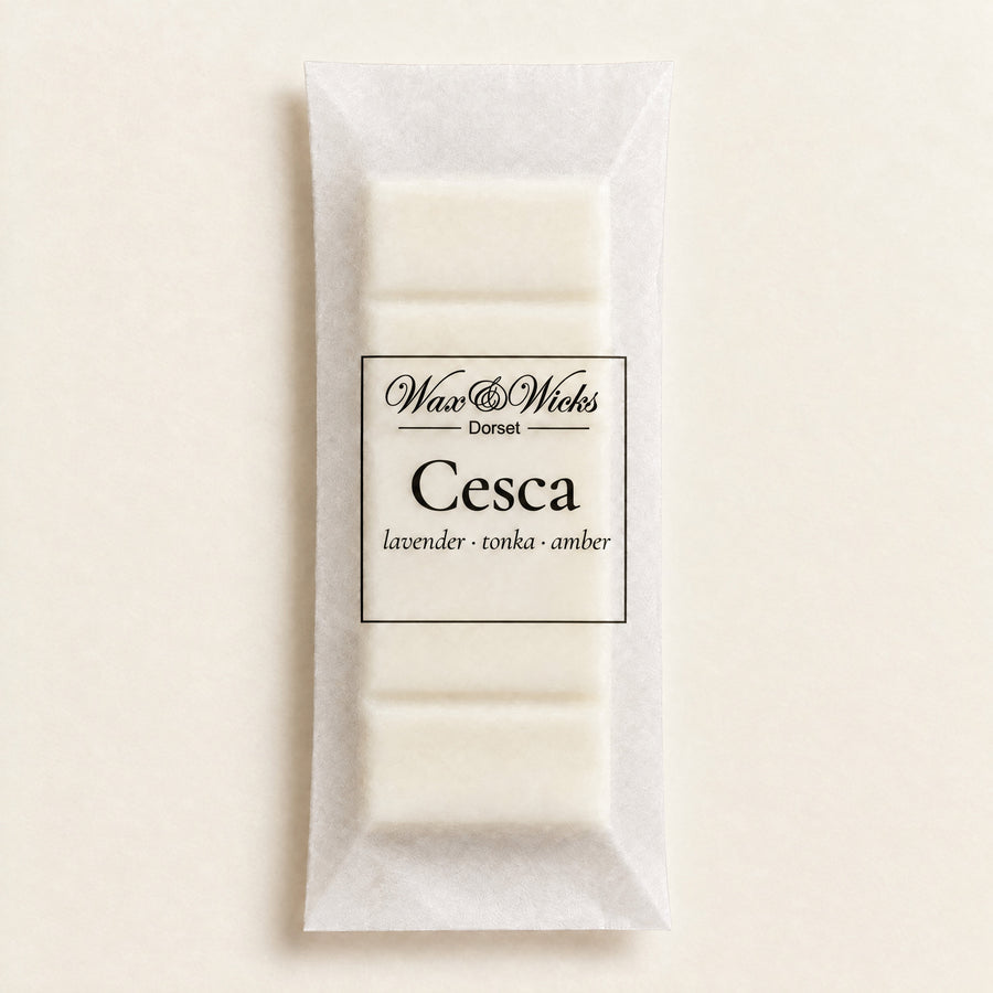 Cesca wax melt snap bar, on a plain ivory background