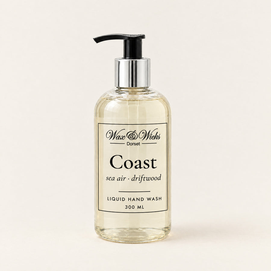 Coast liquid hand wash, 300 ml pump bottle, on a plain ivory background