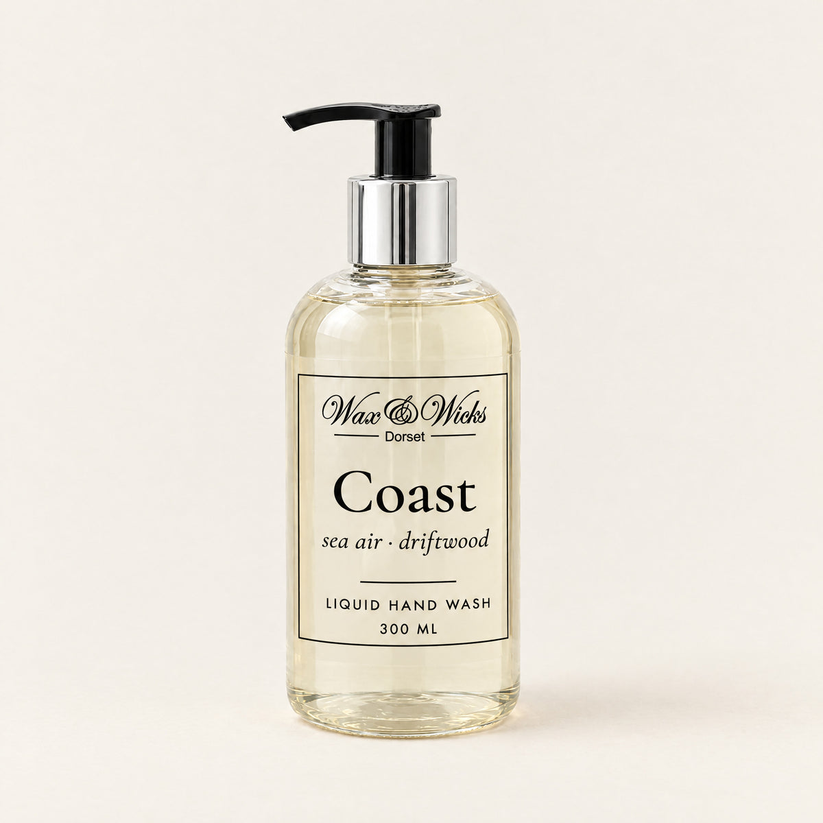 Coast liquid hand wash, 300 ml pump bottle, on a plain ivory background
