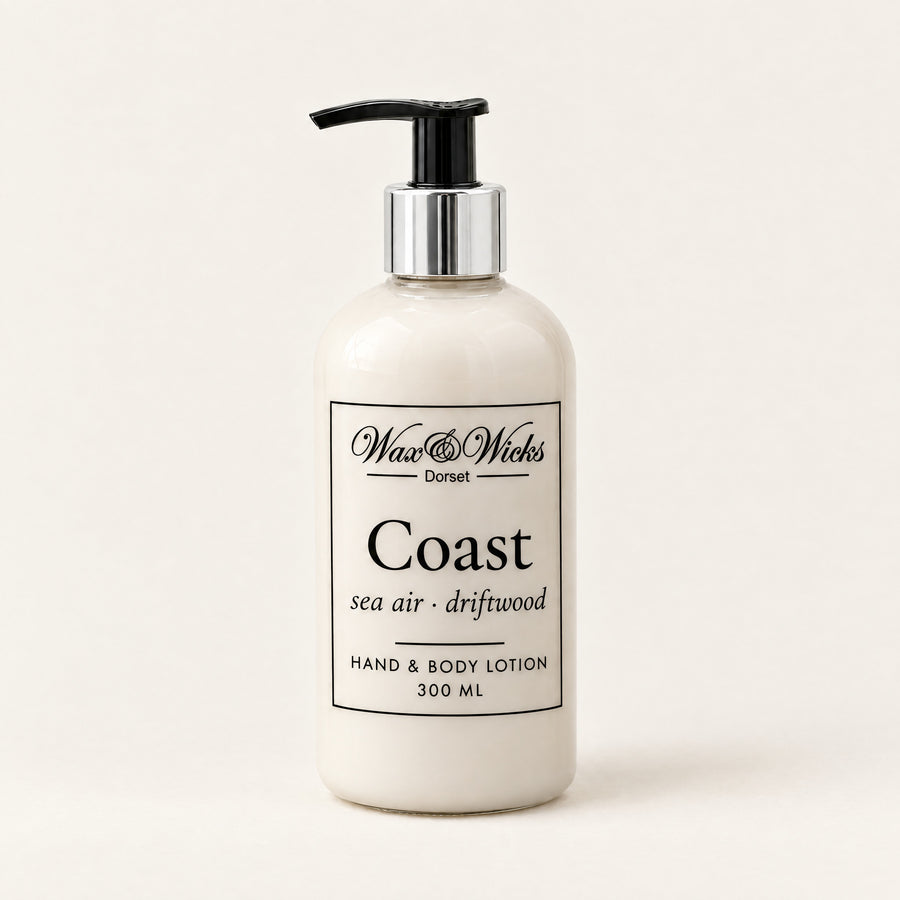 Coast hand & body lotion, 300 ml pump bottle, on a plain ivory background