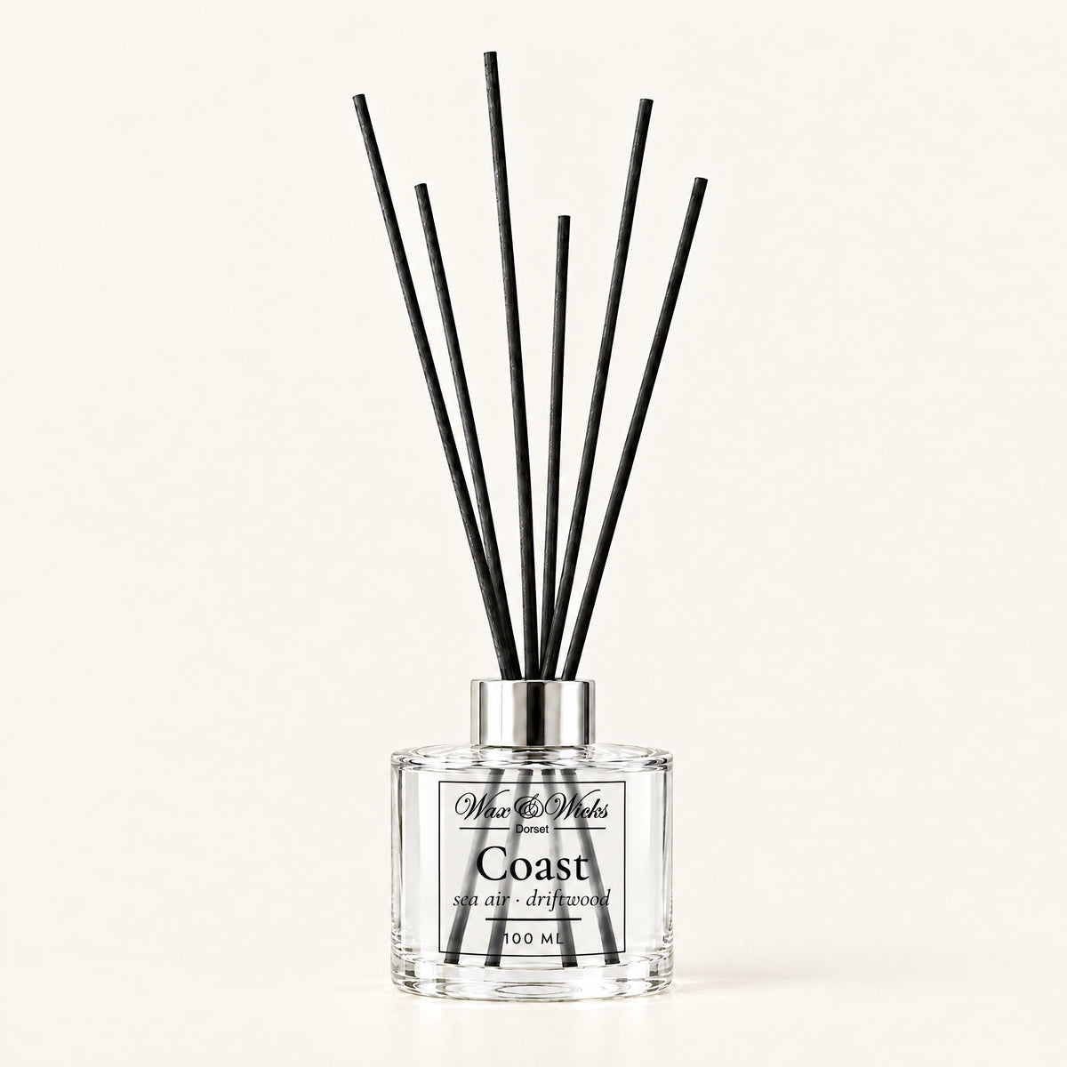 Coast 100 ml reed diffuser with black fibre reeds, on a plain ivory background