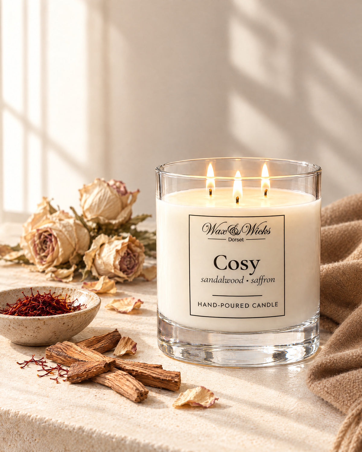 Large Cosy candle, three wicks, in a clear glass jar, styled with sandalwood, saffron threads and dried roses