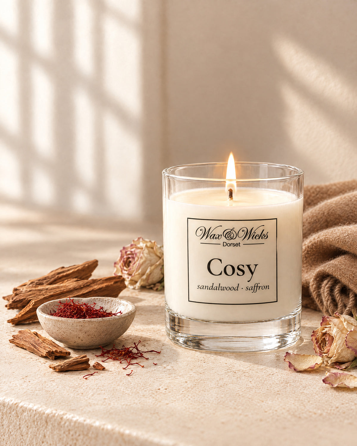 Small Cosy candle, one wick, in a clear glass jar, styled with sandalwood, saffron threads and dried roses