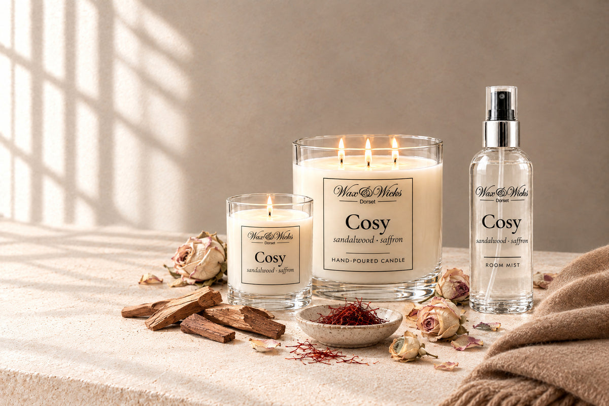 Cosy candles and home fragrance together, styled with sandalwood, saffron threads and dried roses