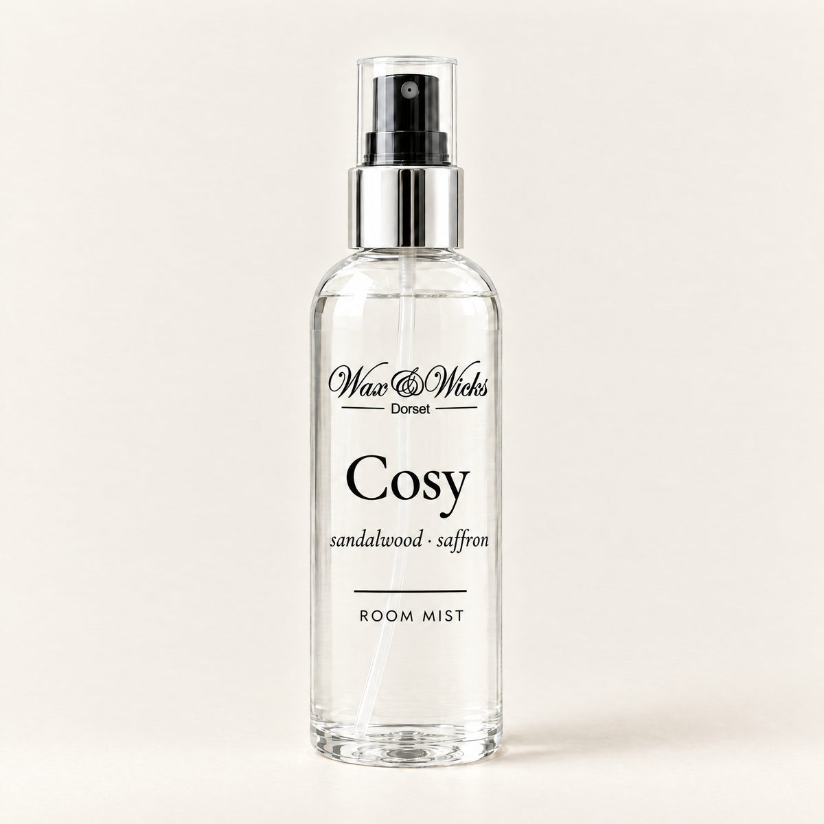 Cosy room mist, 100 ml spray bottle, on a plain ivory background