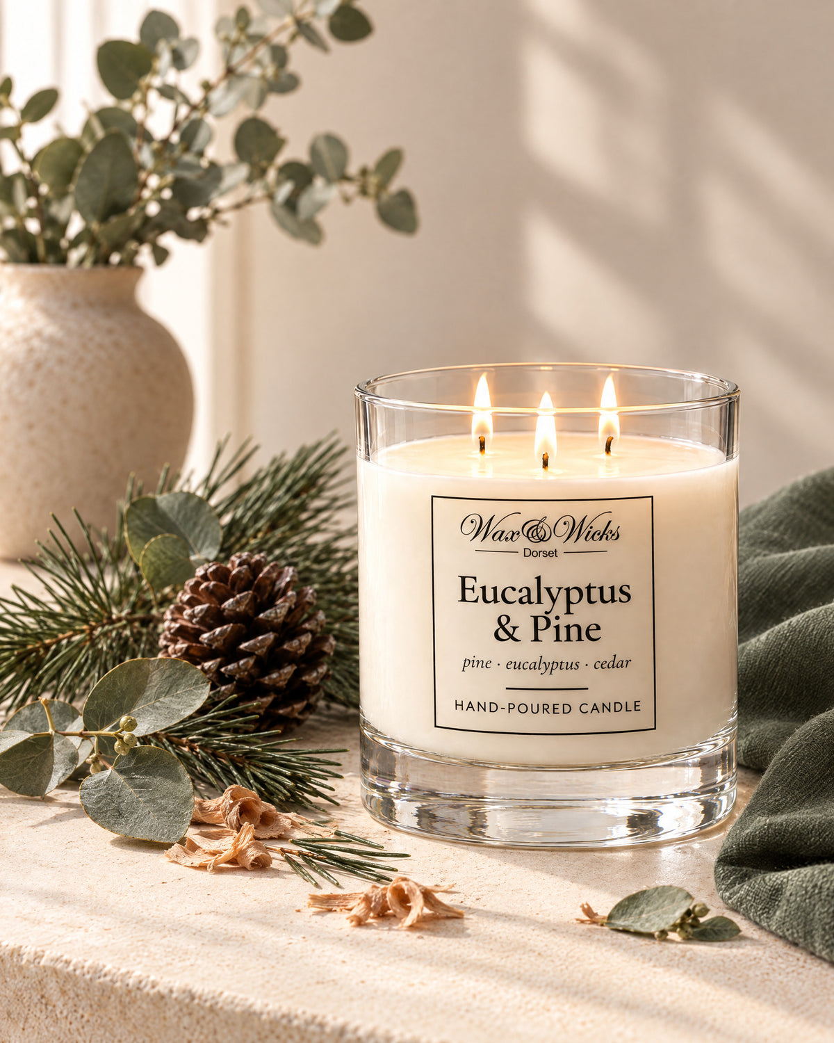 Large Eucalyptus & Pine candle, three wicks, in a clear glass jar, styled with eucalyptus stems, pine sprigs, a pine cone and cedar shavings