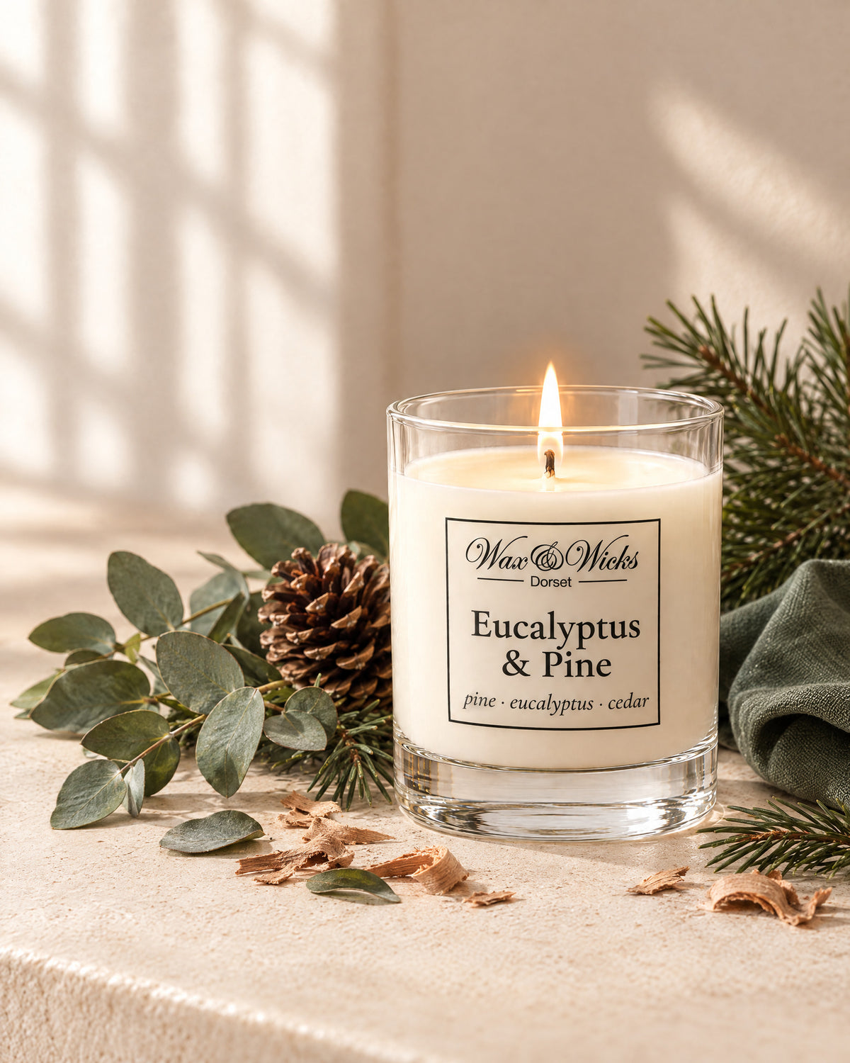Small Eucalyptus & Pine candle, one wick, in a clear glass jar, styled with eucalyptus stems, pine sprigs, a pine cone and cedar shavings