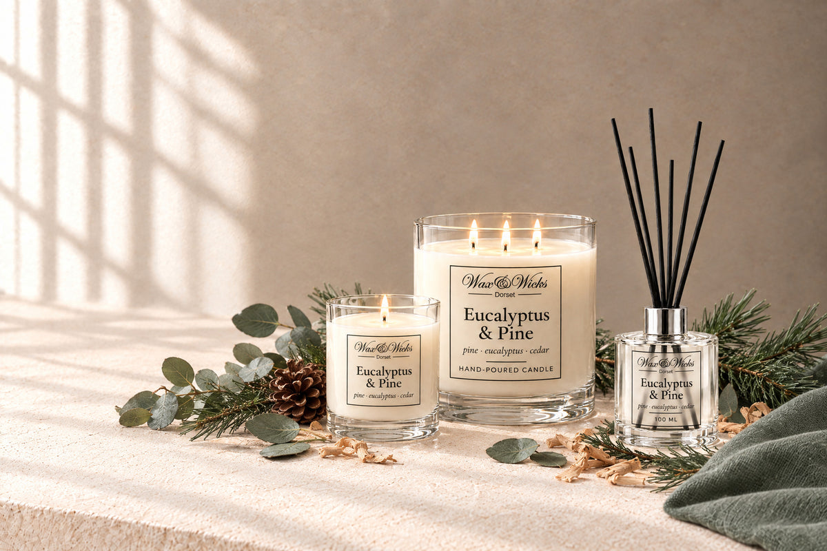 Eucalyptus & Pine candles and home fragrance together, styled with eucalyptus stems, pine sprigs, a pine cone and cedar shavings