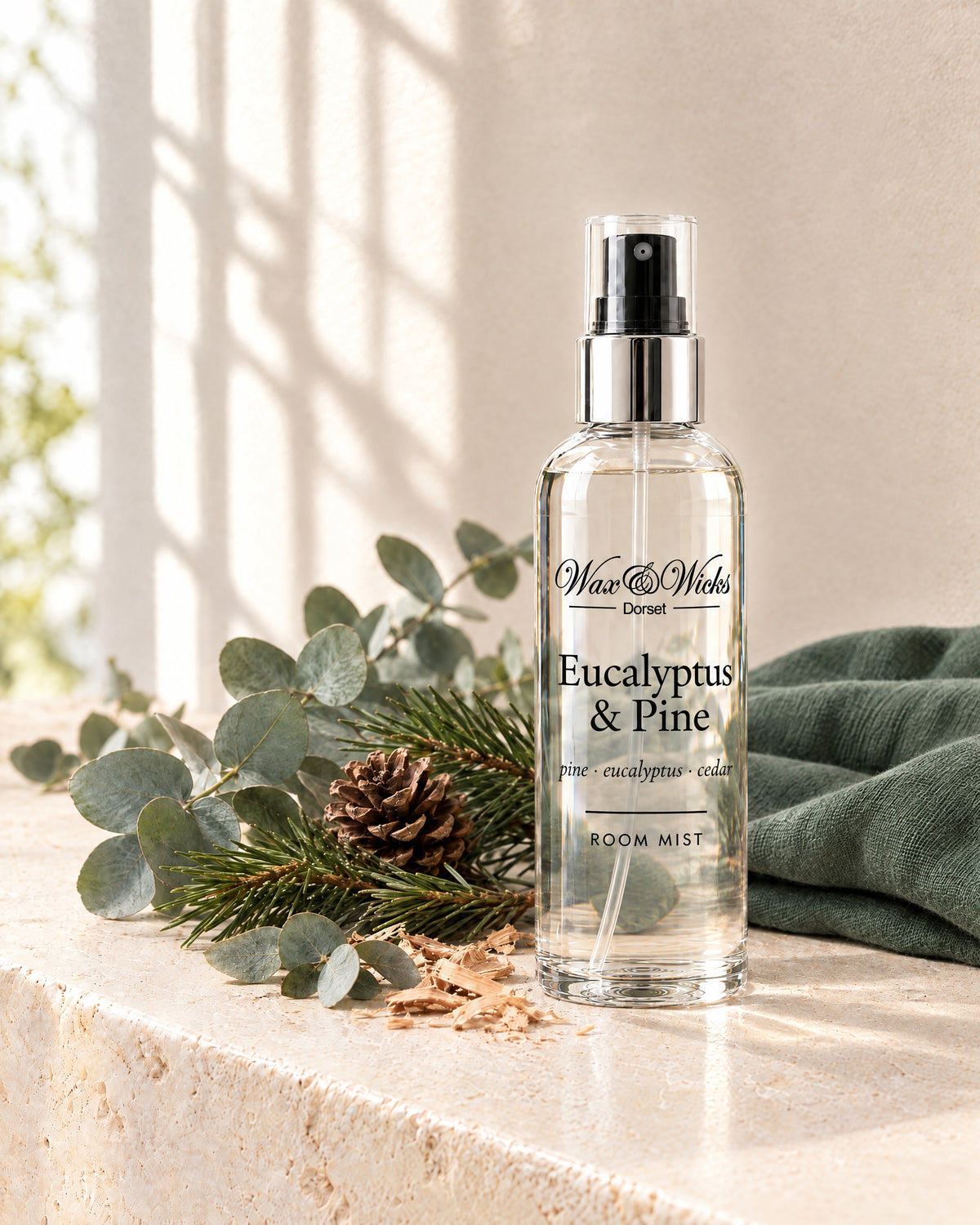 Eucalyptus & Pine room mist, 100 ml spray bottle, styled with eucalyptus stems, pine sprigs, a pine cone and cedar shavings