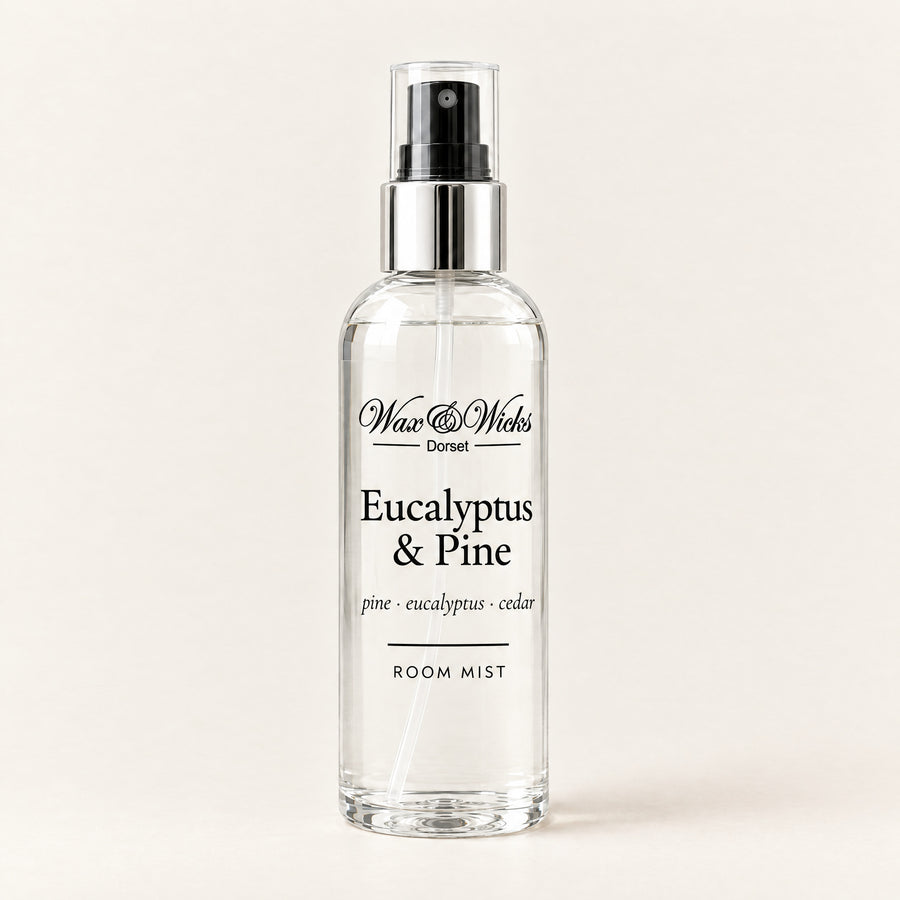 Eucalyptus & Pine room mist, 100 ml spray bottle, on a plain ivory background