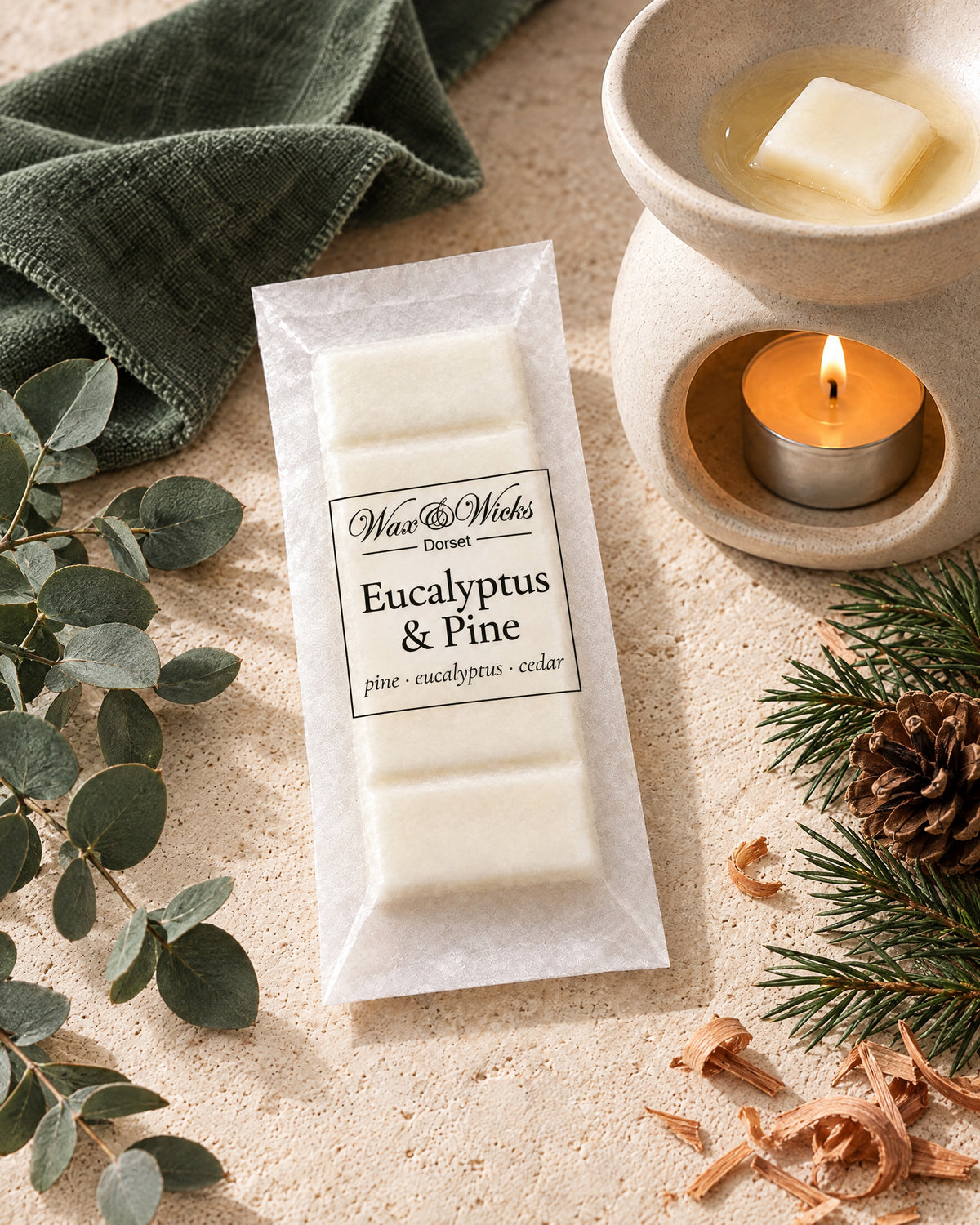 Eucalyptus & Pine wax melt snap bar, styled with eucalyptus stems, pine sprigs, a pine cone and cedar shavings