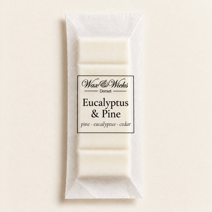 Eucalyptus & Pine wax melt snap bar, on a plain ivory background