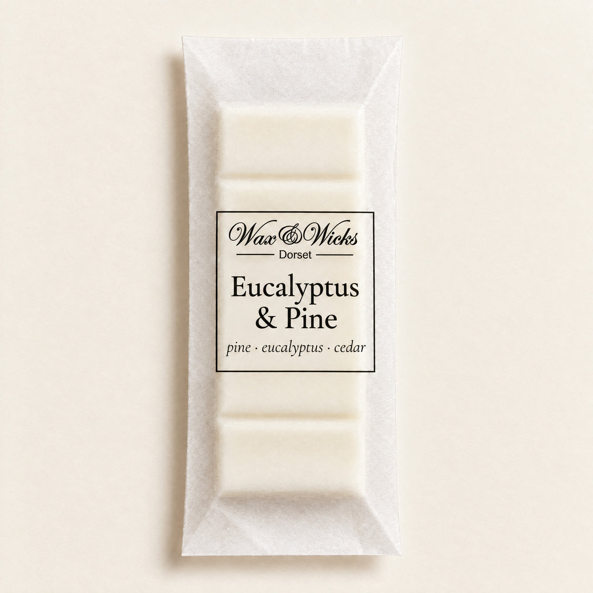 Eucalyptus & Pine wax melt snap bar, on a plain ivory background