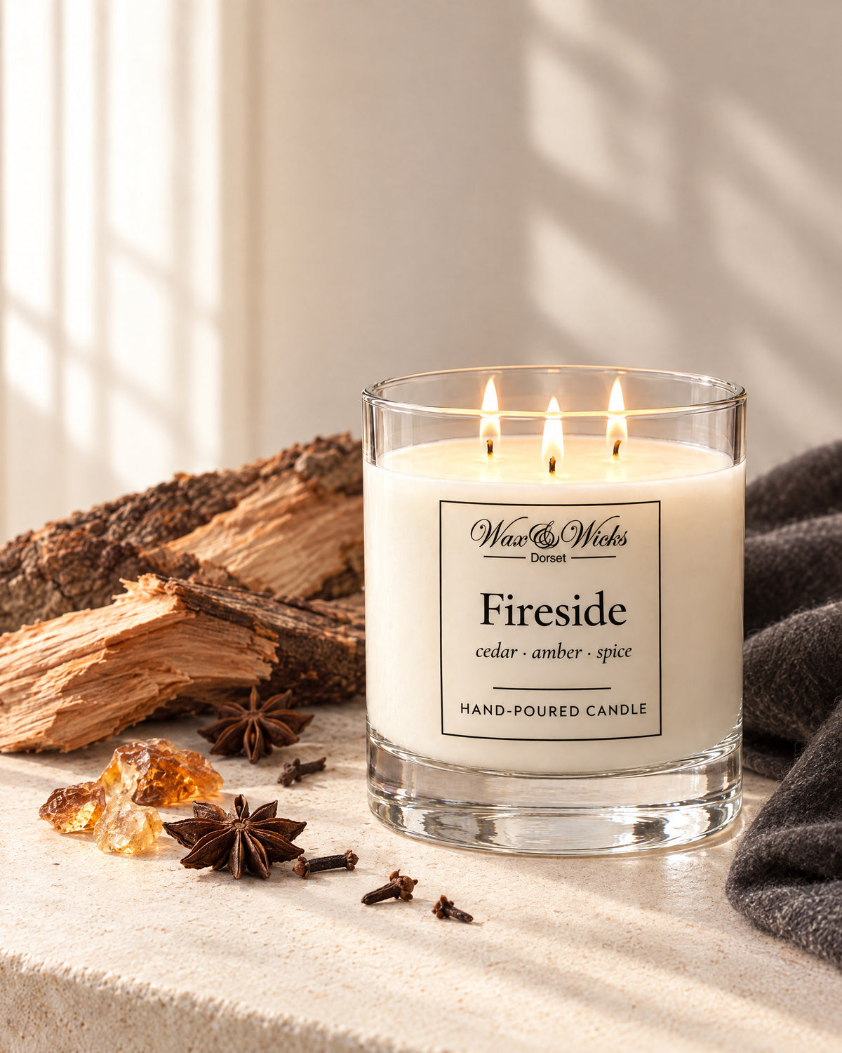 Large Fireside candle, three wicks, in a clear glass jar, styled with split cedar logs, amber resin and whole spices