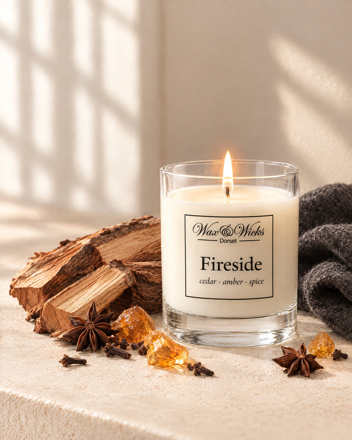 Small Fireside candle, one wick, in a clear glass jar, styled with split cedar logs, amber resin and whole spices