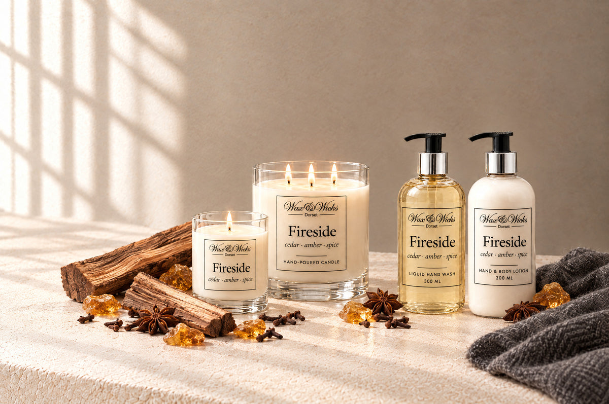 Fireside candles and home fragrance together, styled with split cedar logs, amber resin and whole spices