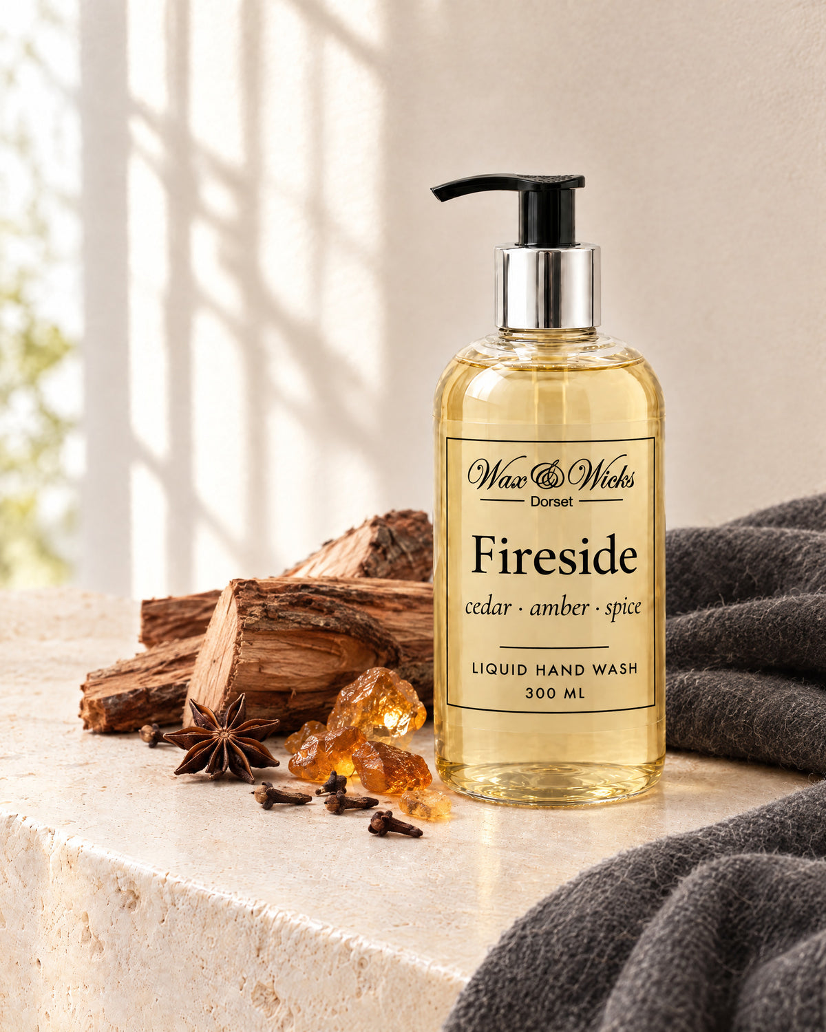 Fireside liquid hand wash, 300 ml pump bottle, styled with split cedar logs, amber resin and whole spices