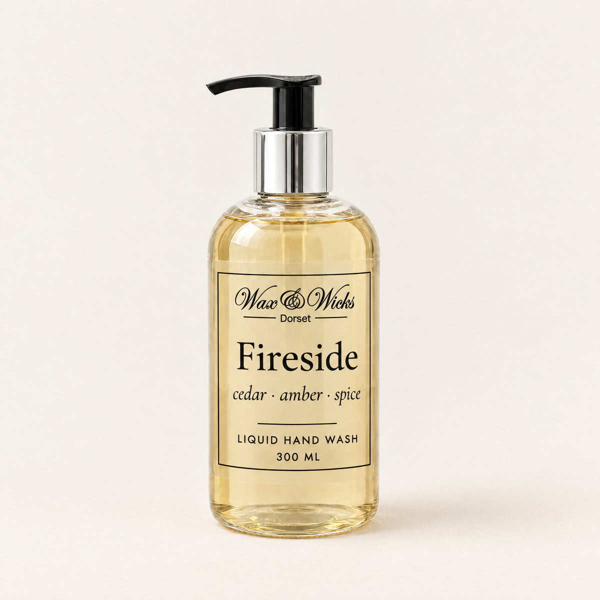 Fireside liquid hand wash, 300 ml pump bottle, on a plain ivory background