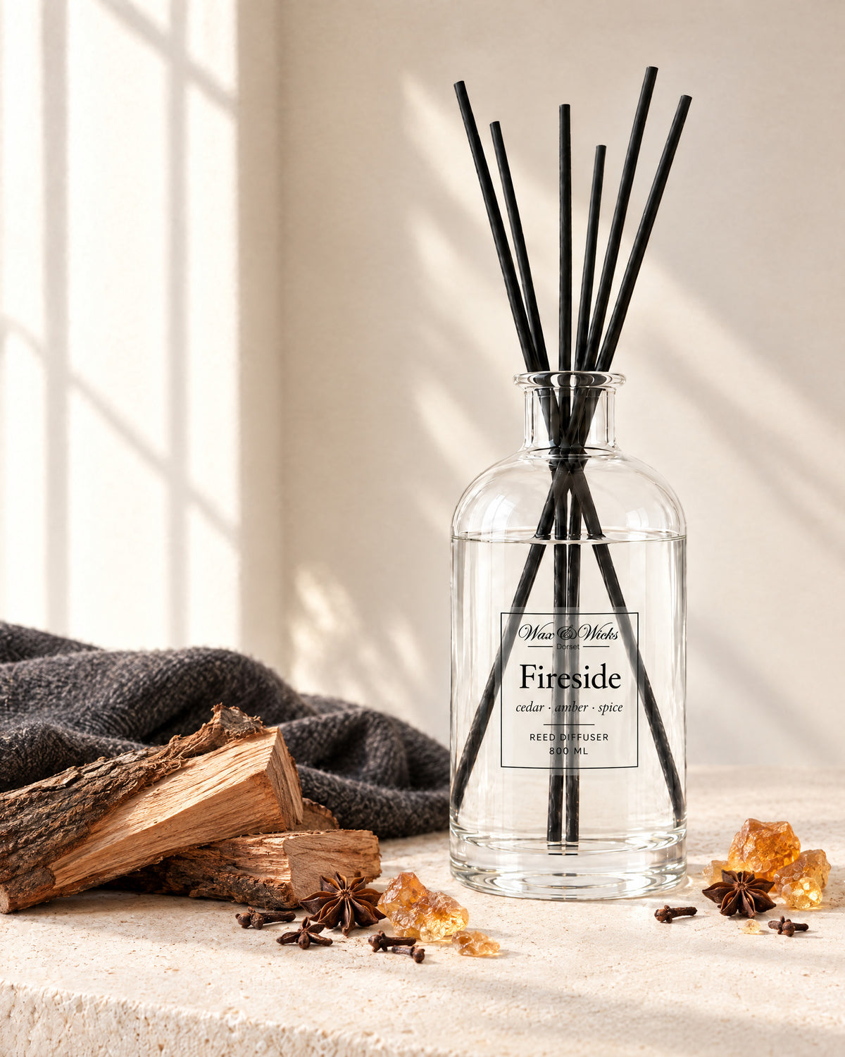 Fireside 800 ml large reed diffuser in apothecary-style glass with extra-long reeds, styled with split cedar logs, amber resin and whole spices