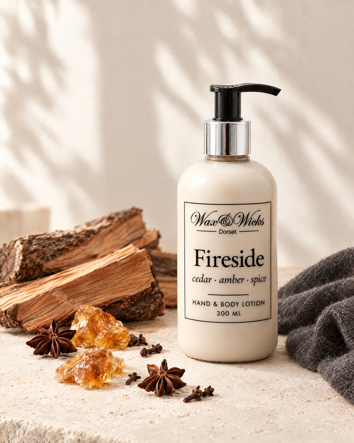 Fireside hand & body lotion, 300 ml pump bottle, styled with split cedar logs, amber resin and whole spices