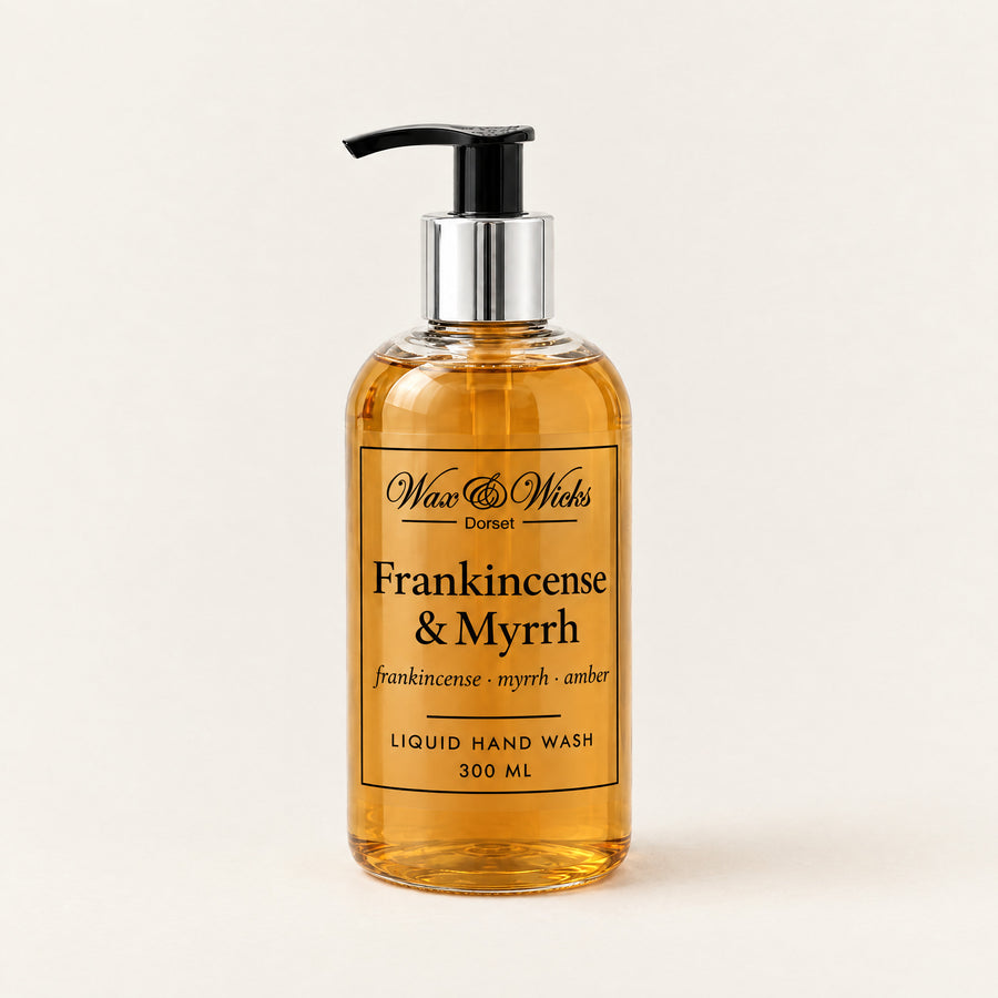 Frankincense & Myrrh liquid hand wash, 300 ml pump bottle, on a plain ivory background