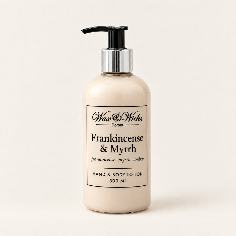 Frankincense & Myrrh hand & body lotion, 300 ml pump bottle, on a plain ivory background