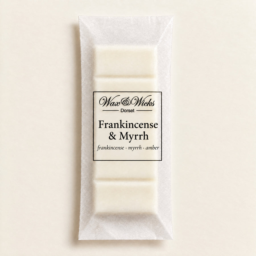 Frankincense & Myrrh wax melt snap bar, on a plain ivory background