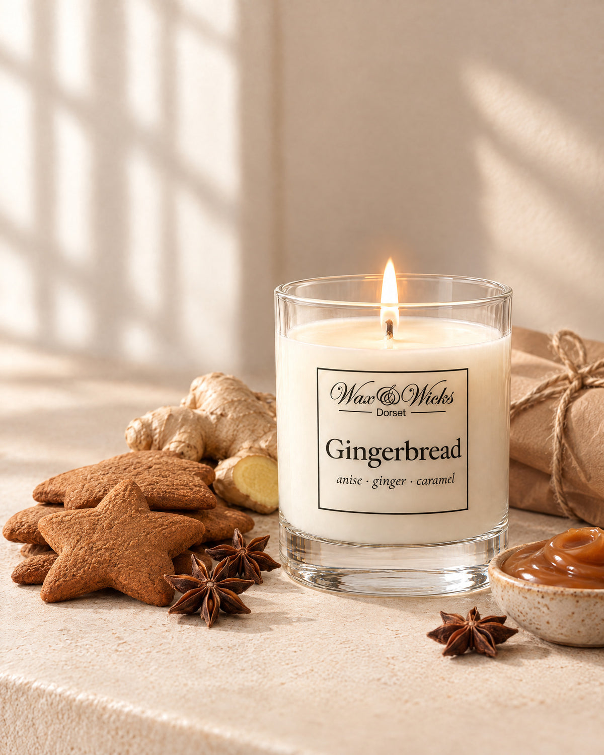Small Gingerbread candle, one wick, in a clear glass jar, styled with gingerbread biscuits, star anise, fresh ginger and caramel