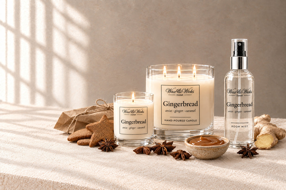 Gingerbread candles and home fragrance together, styled with gingerbread biscuits, star anise, fresh ginger and caramel