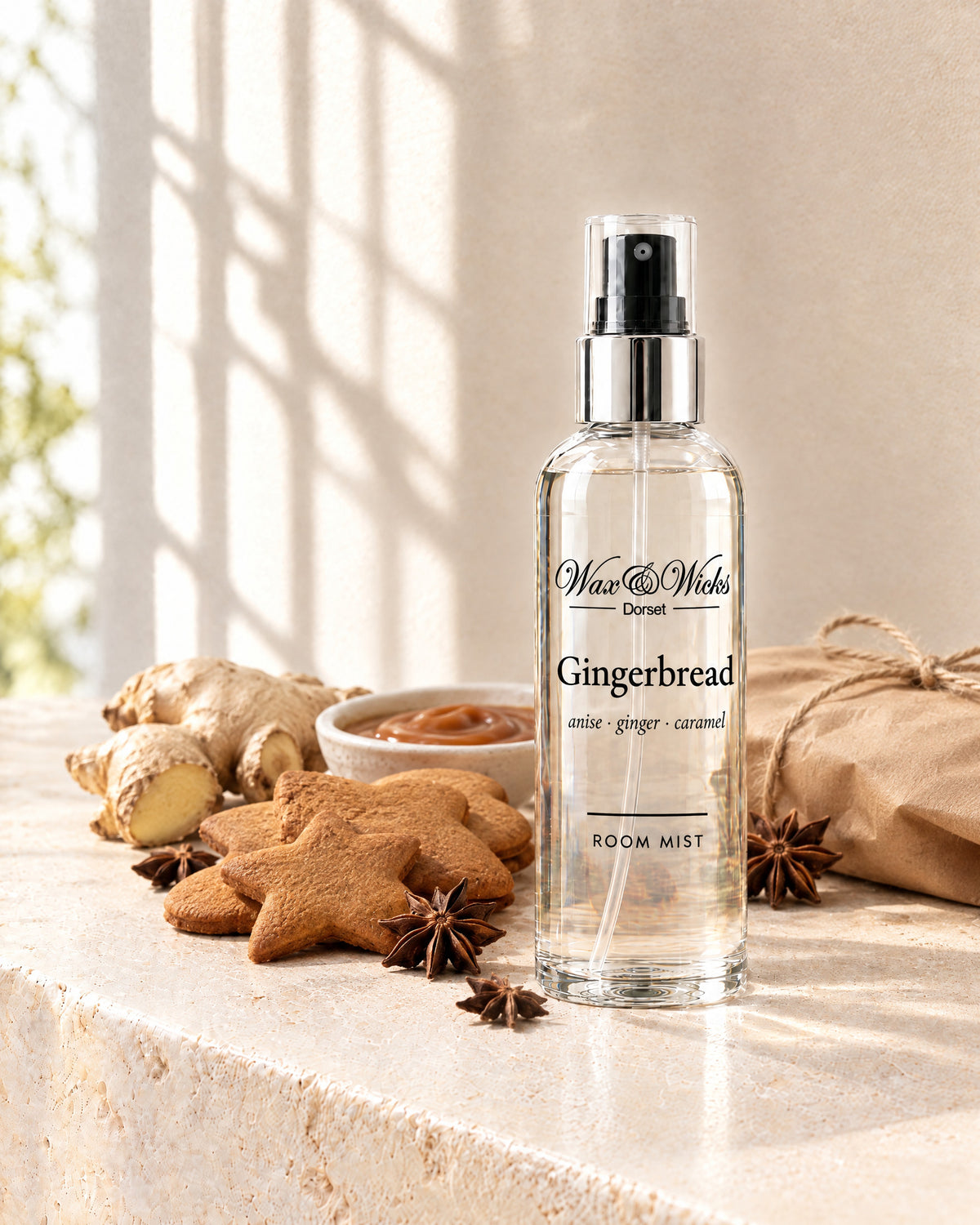 Gingerbread room mist, 100 ml spray bottle, styled with gingerbread biscuits, star anise, fresh ginger and caramel