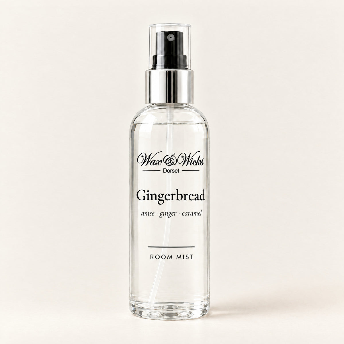 Gingerbread room mist, 100 ml spray bottle, on a plain ivory background