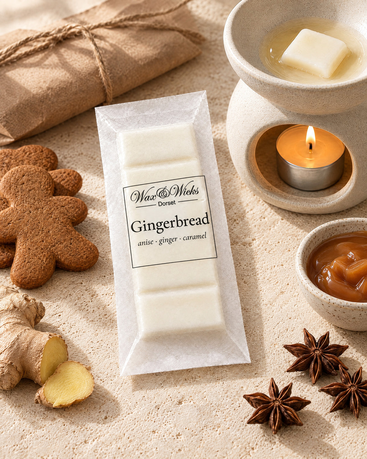 Gingerbread wax melt snap bar, styled with gingerbread biscuits, star anise, fresh ginger and caramel