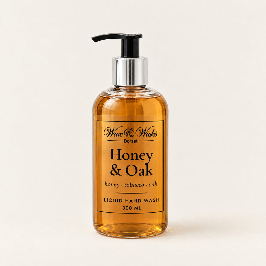 Honey & Oak liquid hand wash, 300 ml pump bottle, on a plain ivory background
