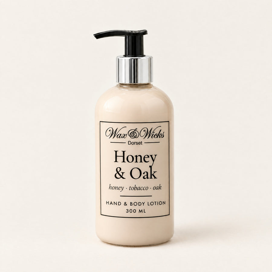 Honey & Oak hand & body lotion, 300 ml pump bottle, on a plain ivory background