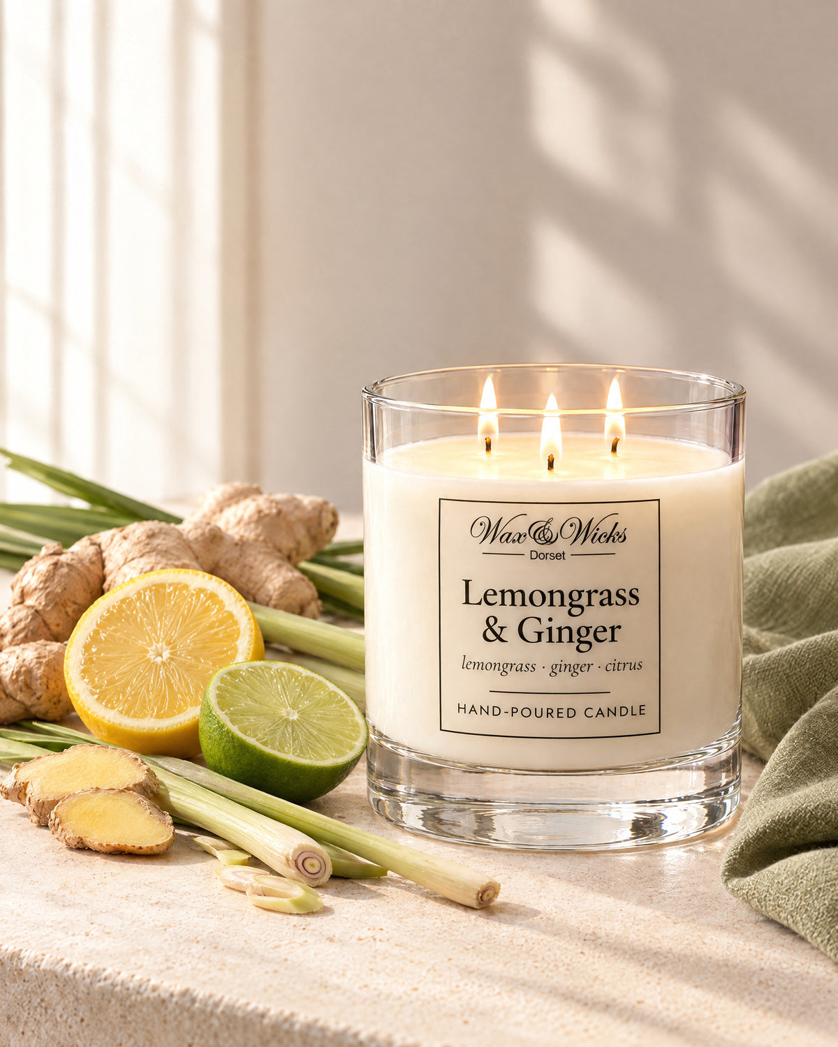 Large Lemongrass & Ginger candle, three wicks, in a clear glass jar, styled with lemongrass stalks, fresh ginger root, half a lemon and half a lime, with a sage-green linen