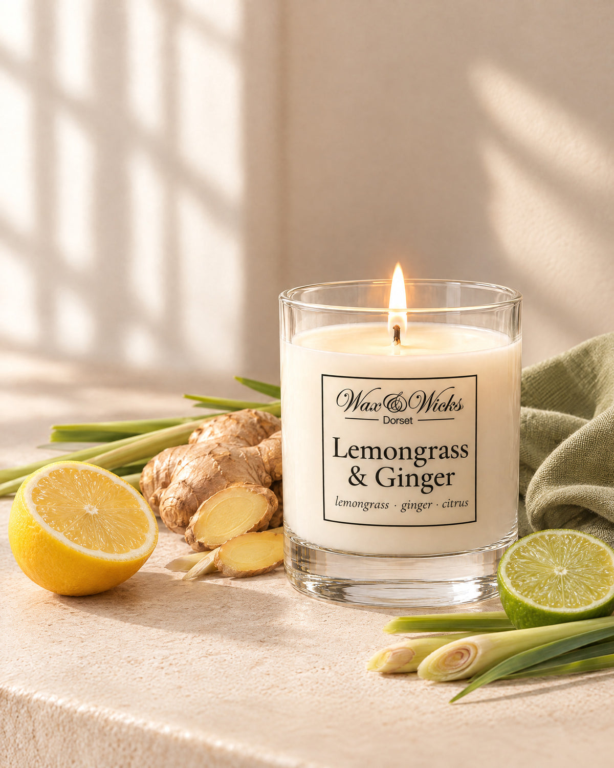 Small Lemongrass & Ginger candle, one wick, in a clear glass jar, styled with lemongrass stalks, fresh ginger root, half a lemon and half a lime, with a sage-green linen
