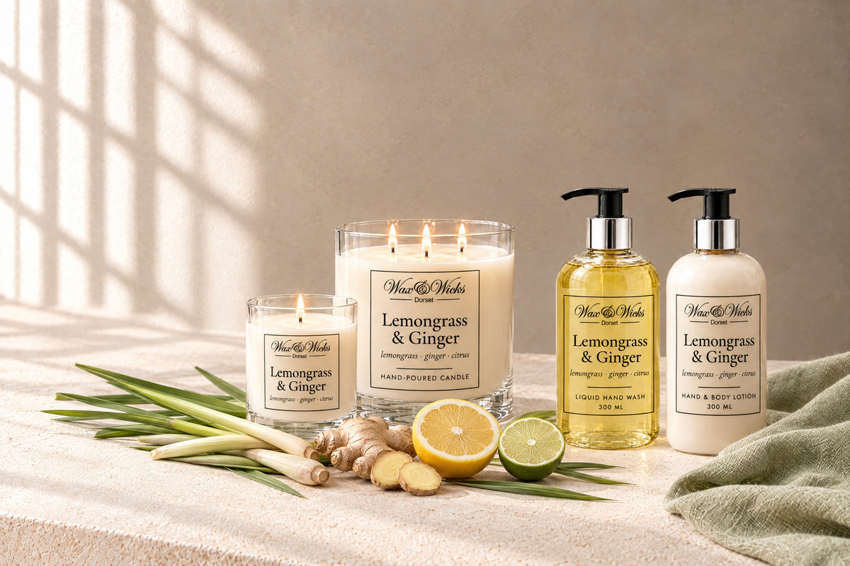 Lemongrass & Ginger small and large candles, hand wash and hand & body lotion together, styled with lemongrass stalks, fresh ginger root, half a lemon and half a lime, with a sage-green linen