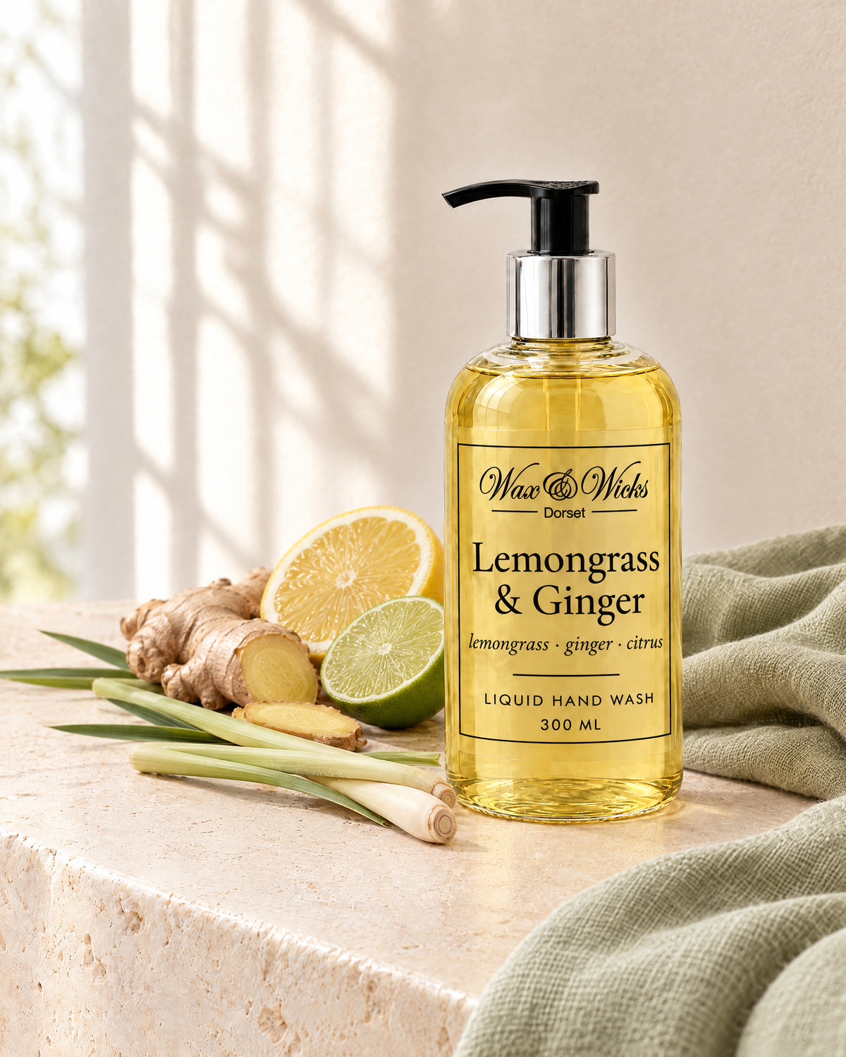 Lemongrass & Ginger liquid hand wash, 300 ml pump bottle, styled with lemongrass stalks, fresh ginger root, half a lemon and half a lime, with a sage-green linen