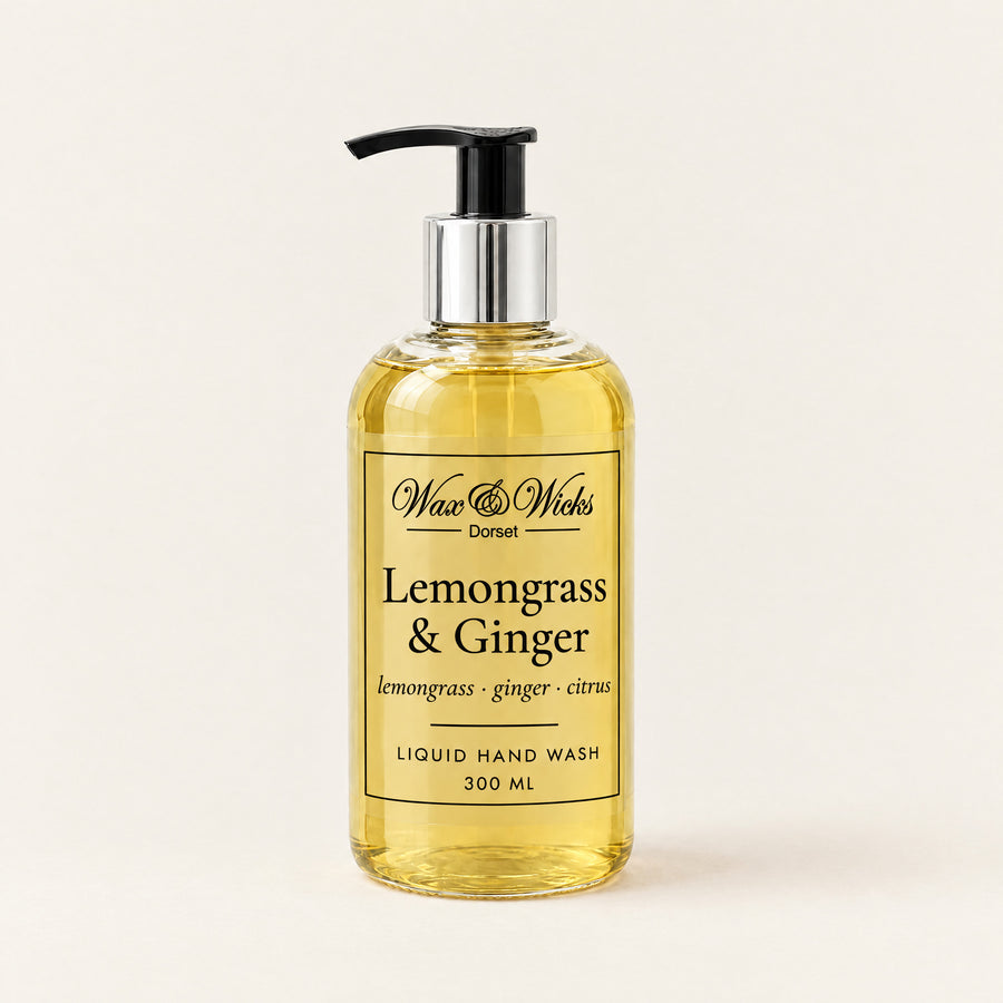 Lemongrass & Ginger liquid hand wash, 300 ml pump bottle, on a plain ivory background